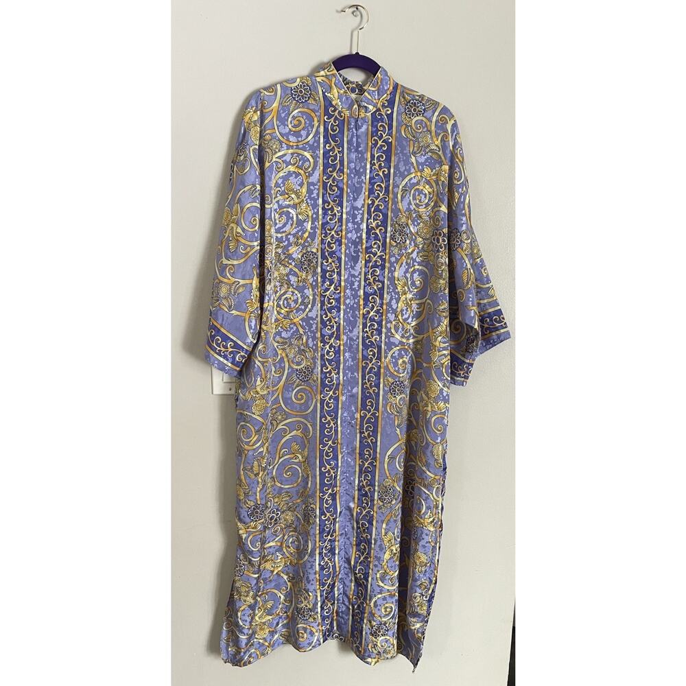 Ruth Norman NY Vintage Caftan Dress Robe Scroll Print Birds Gold Purple Sz L